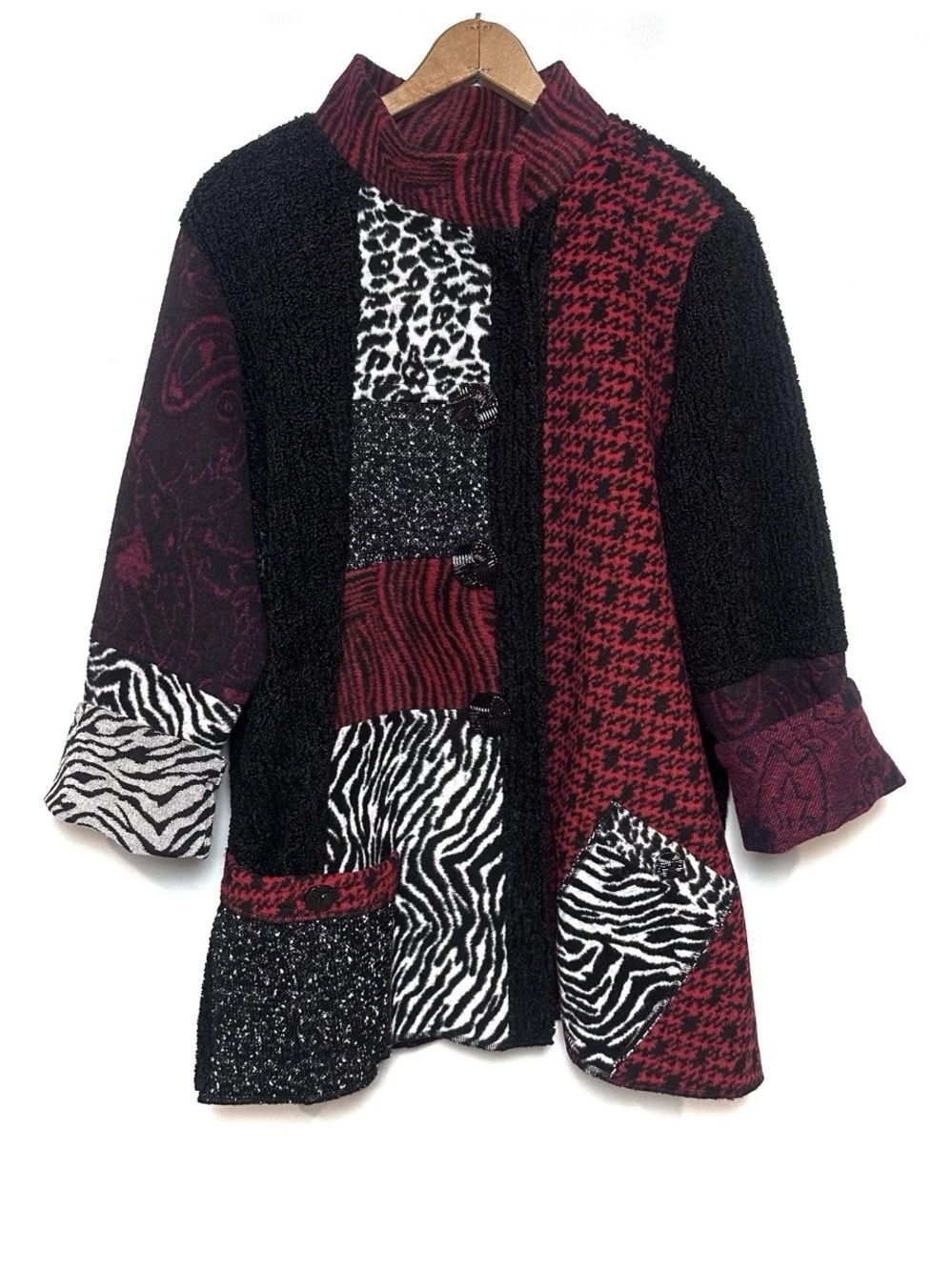 Ali Miles Patchwork Jacket Red Black Mixed Media Artsy Wool Blend - Picture 1 of 15